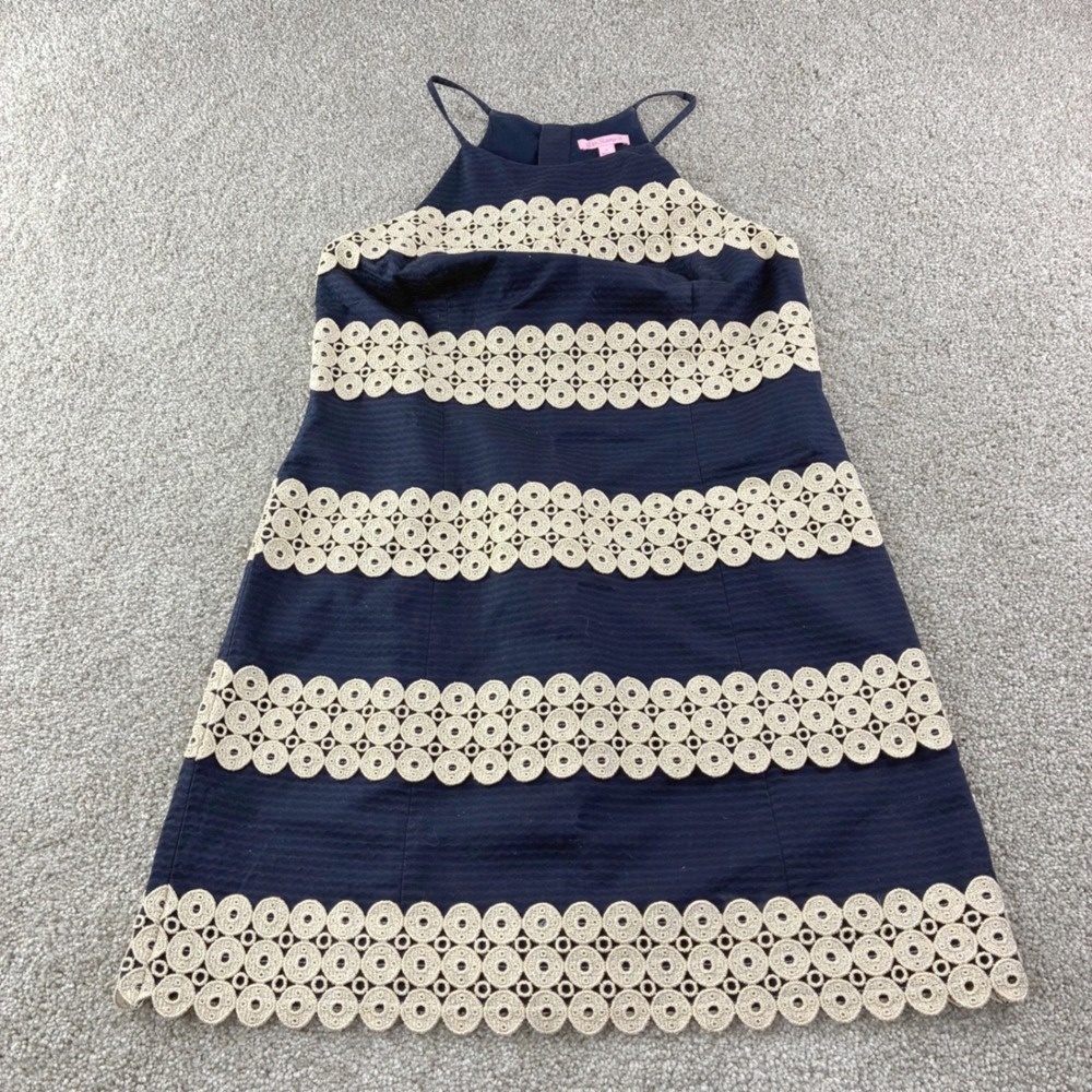Lilly Pulitzer Navy Gold Eyelet Halter Dress Style‎ 11561 Size 6 Party Formal